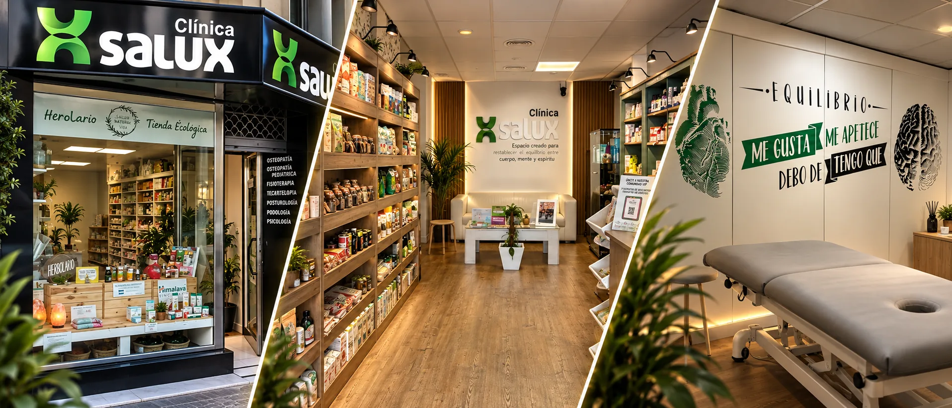 Fachada de Clínica Salux en Huelva con el herbolario y la tienda ecológica, el lineal de productos y la recepción