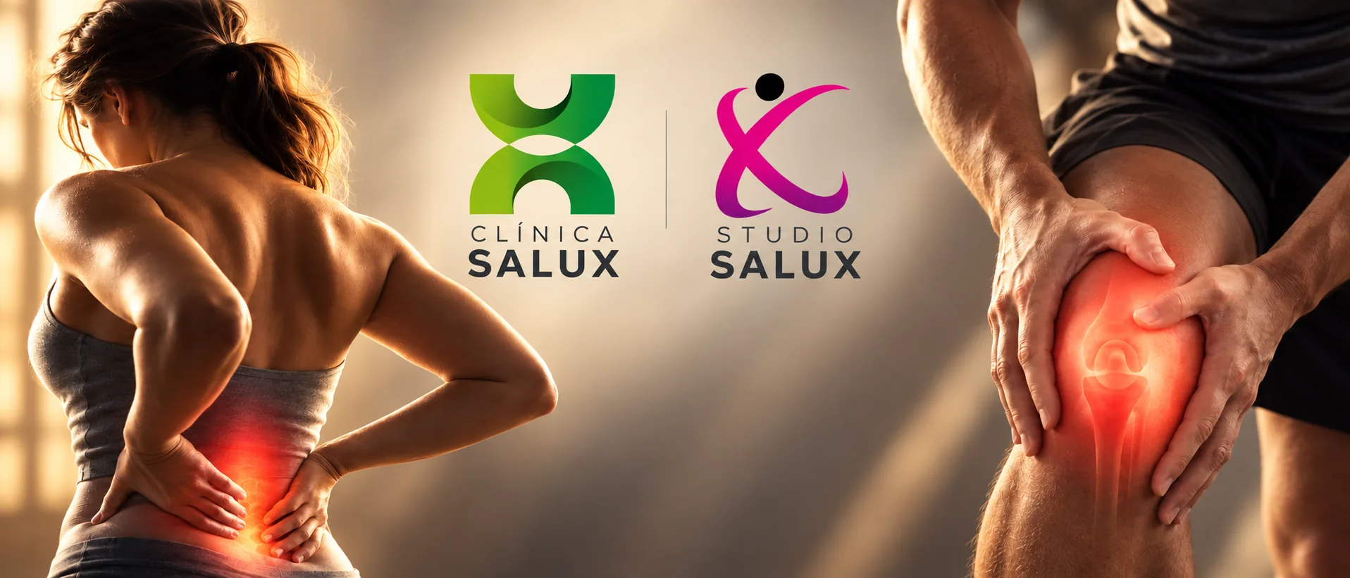 Dolor lumbar y dolor de rodilla, con las marcas de Clínica Salux y Studio Salux