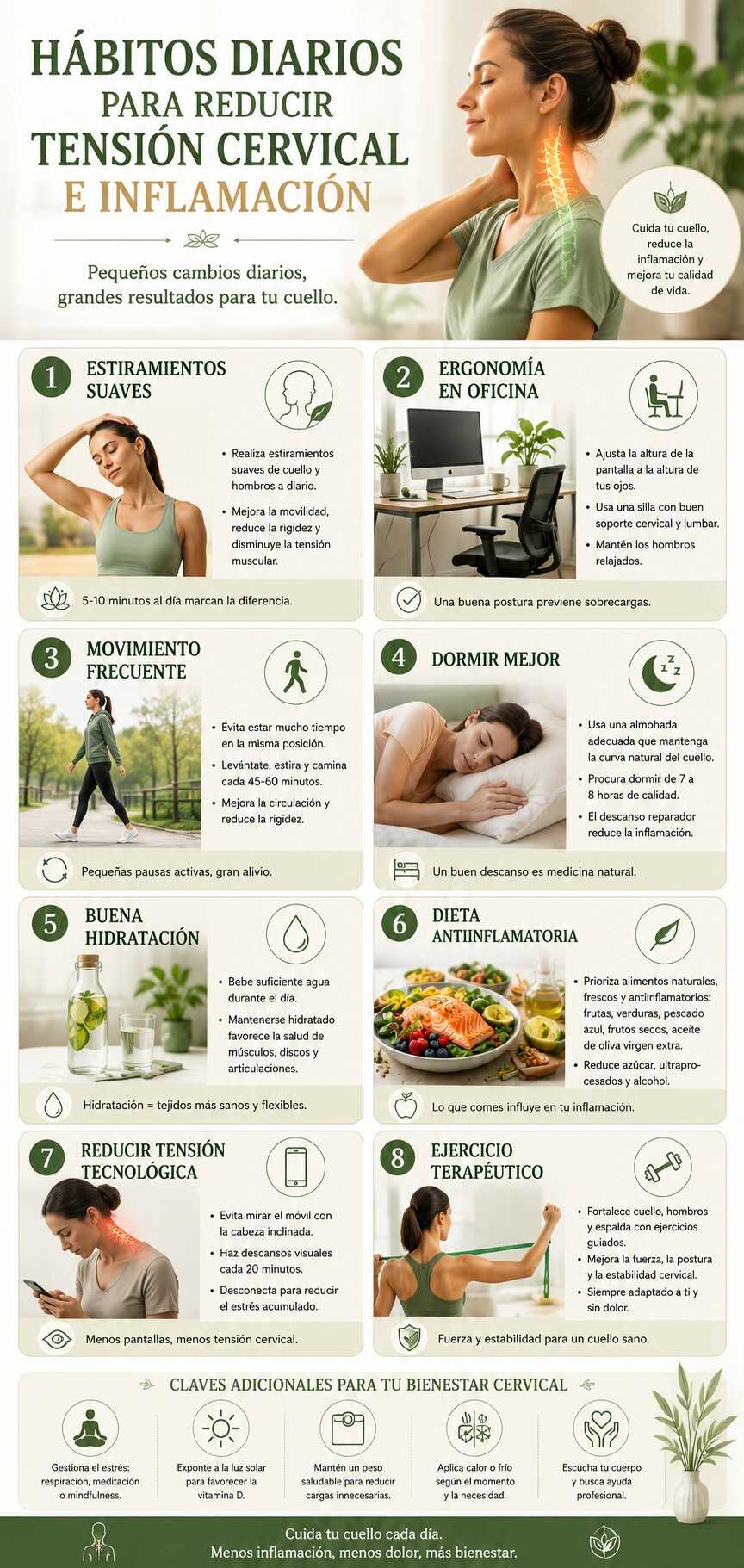 Infografía sobre los hábitos adecuados para reducir la tensión cervical